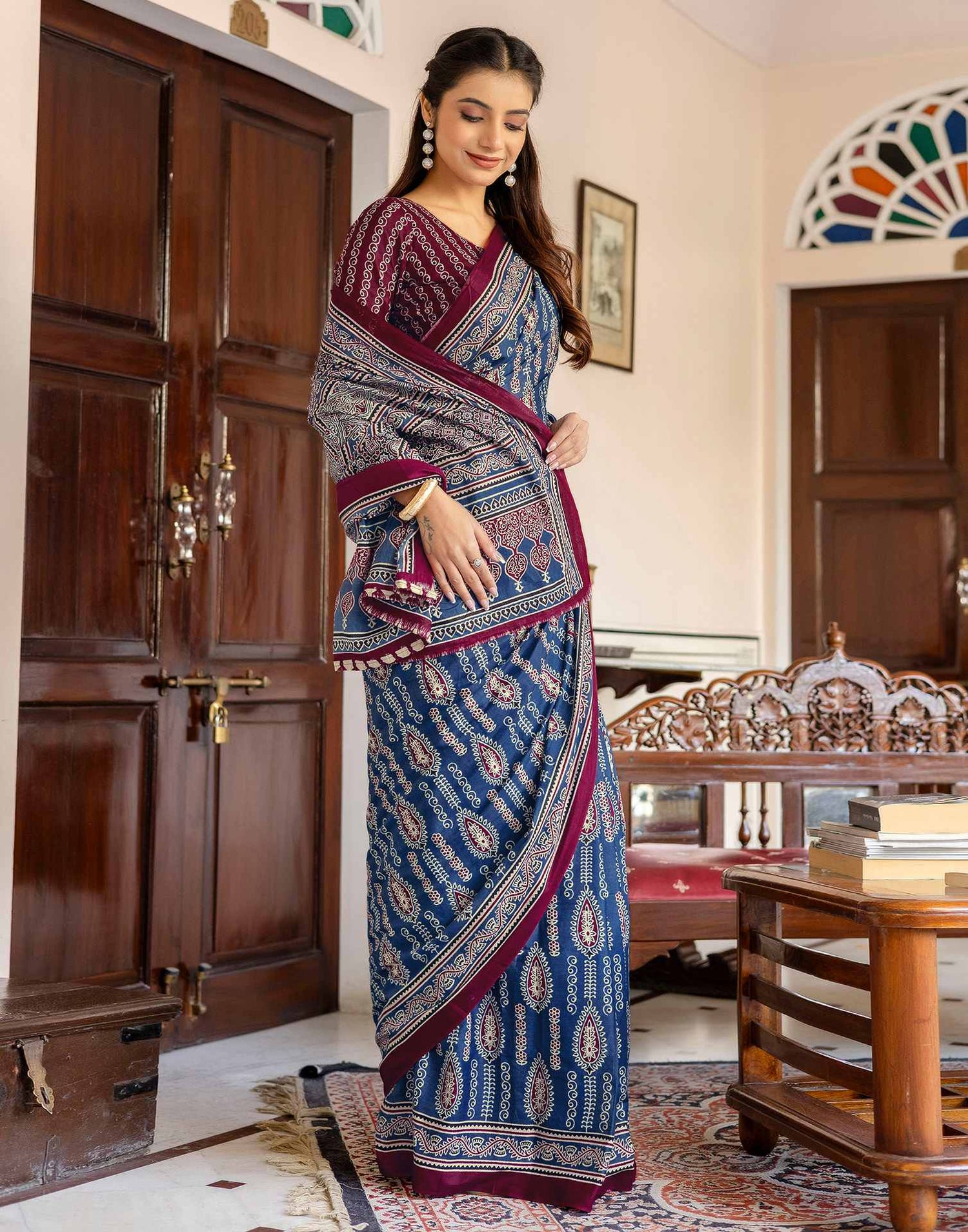 Blue Cotton Printed Saree