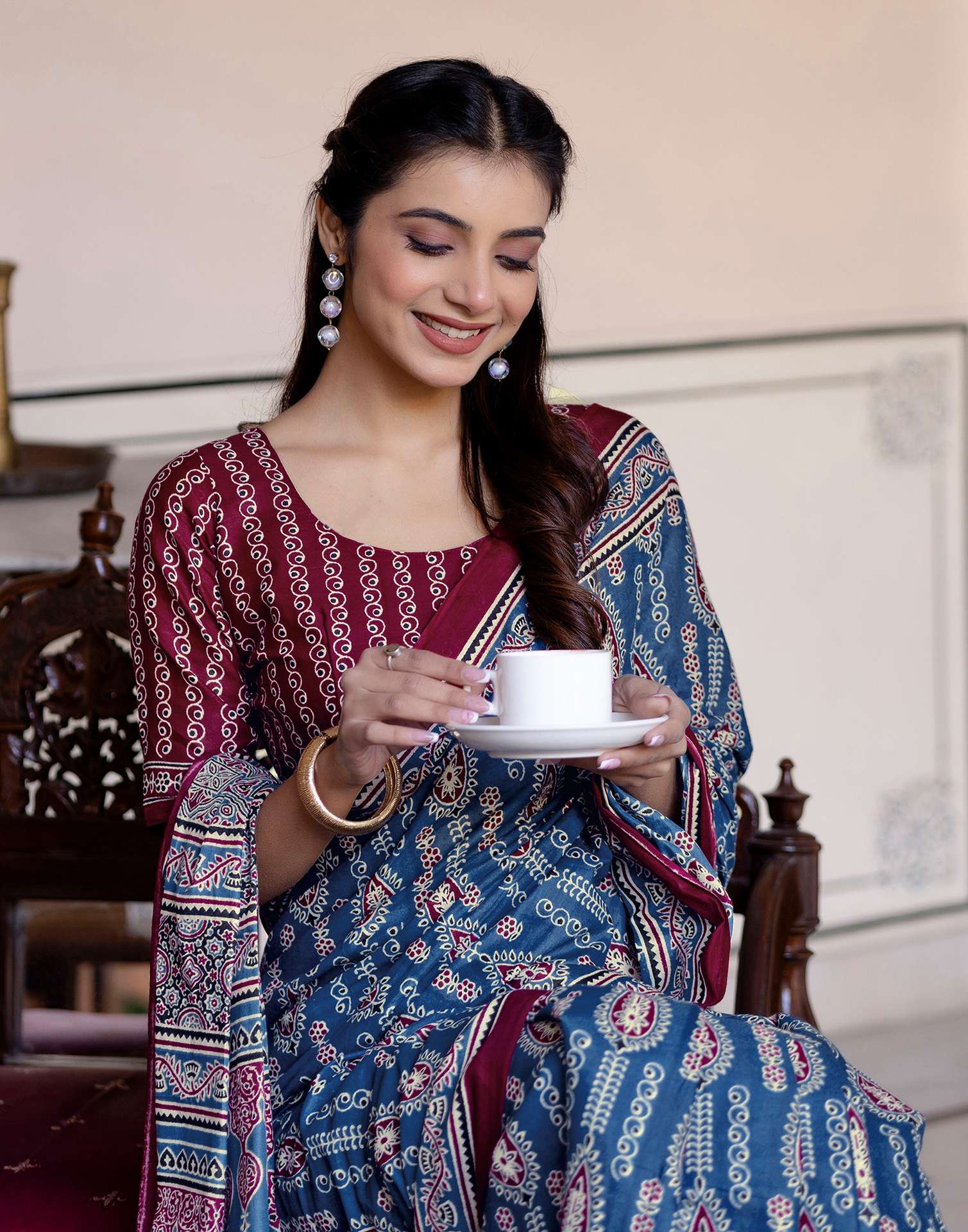 Blue Cotton Printed Saree