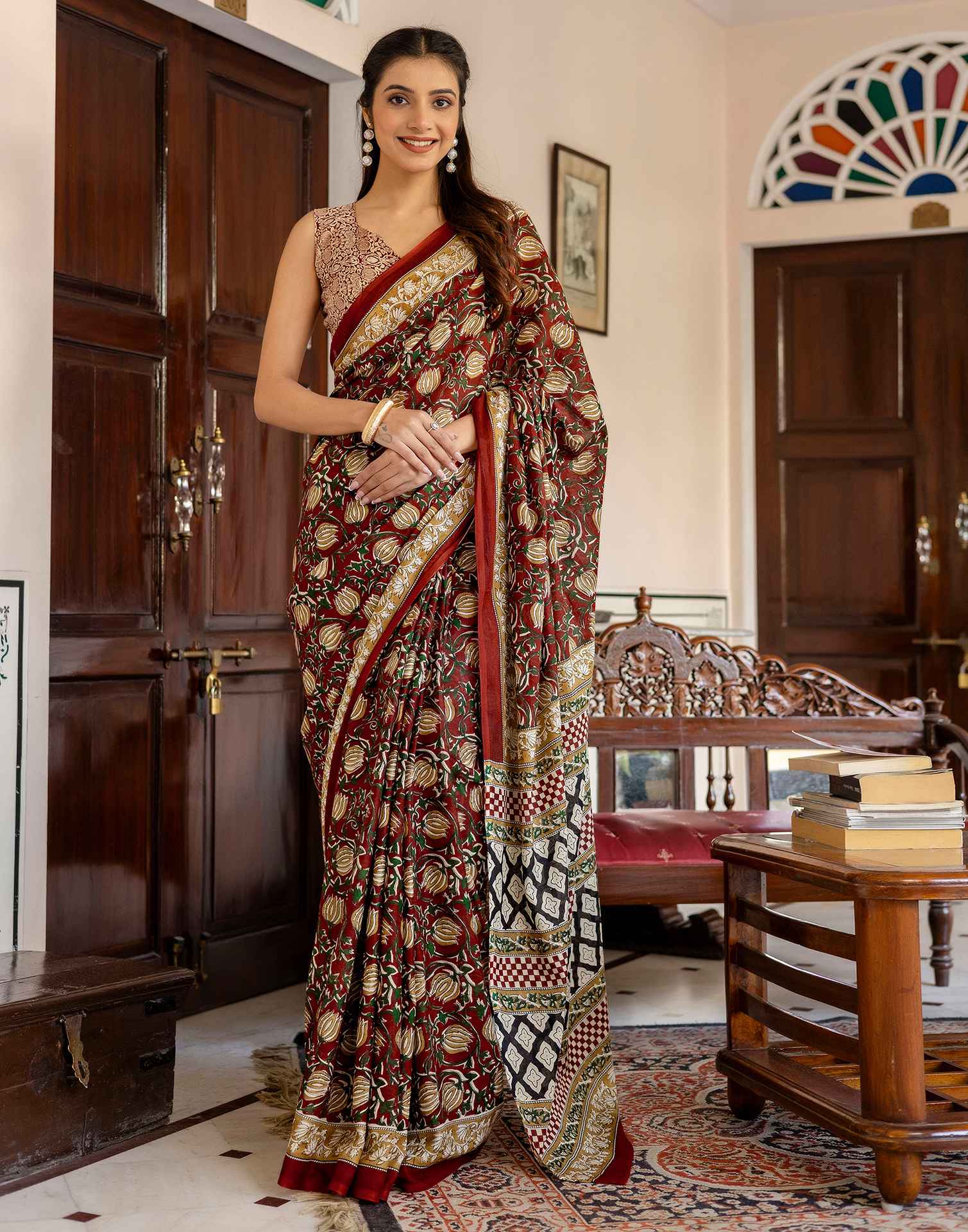 Rust Cotton Printed Saree