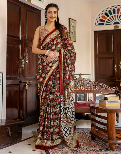Rust Cotton Printed Saree