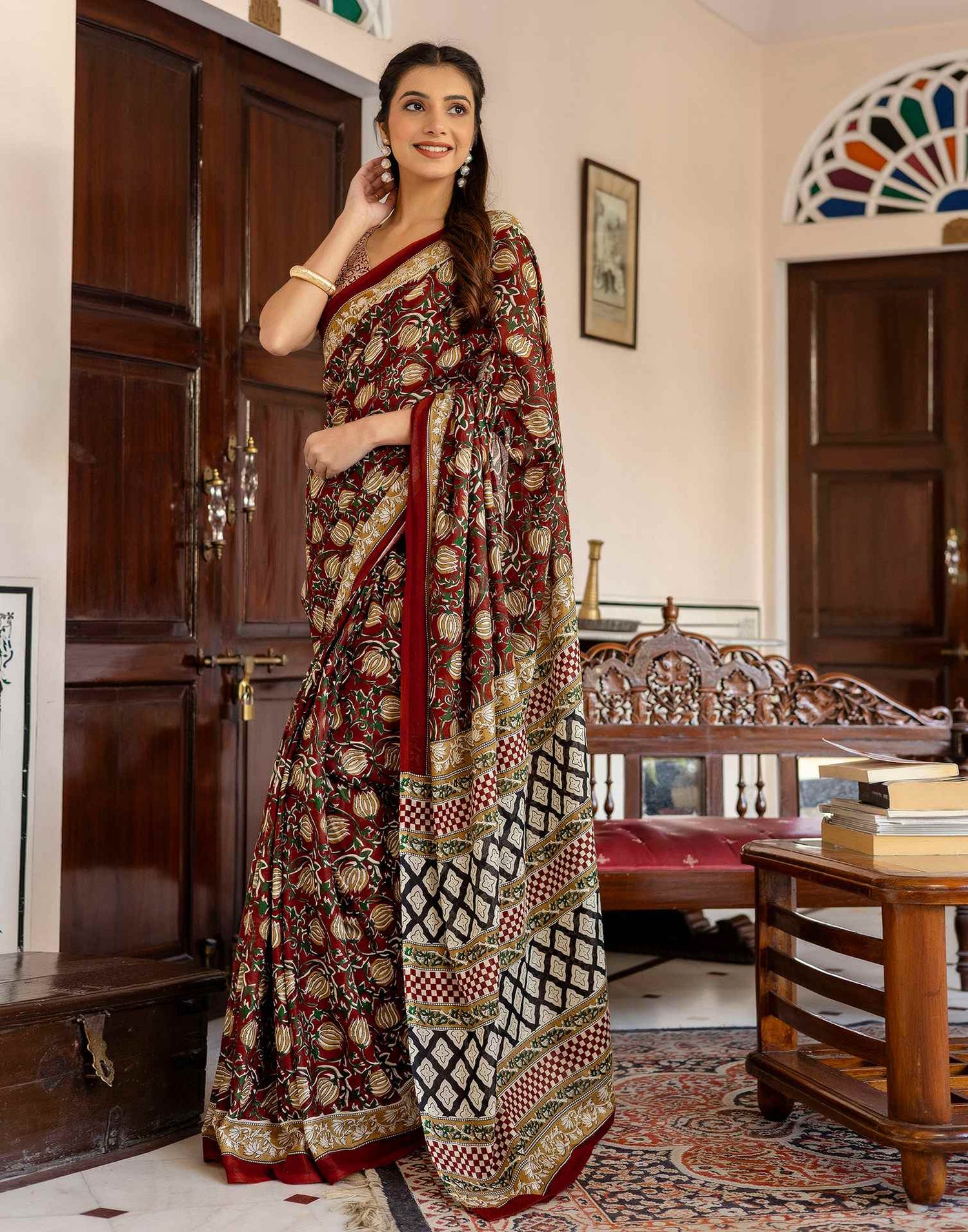 Rust Cotton Printed Saree