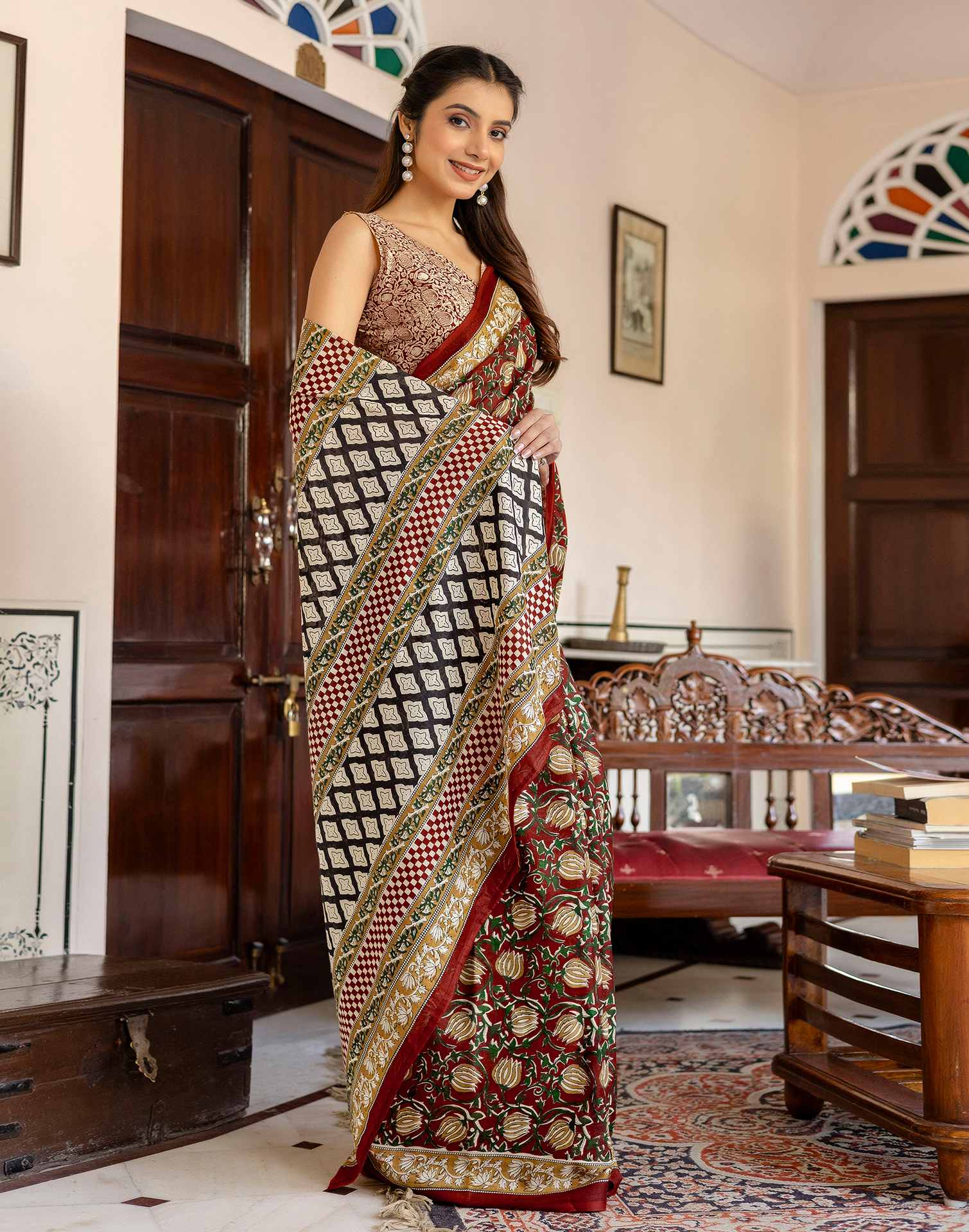 Rust Cotton Printed Saree