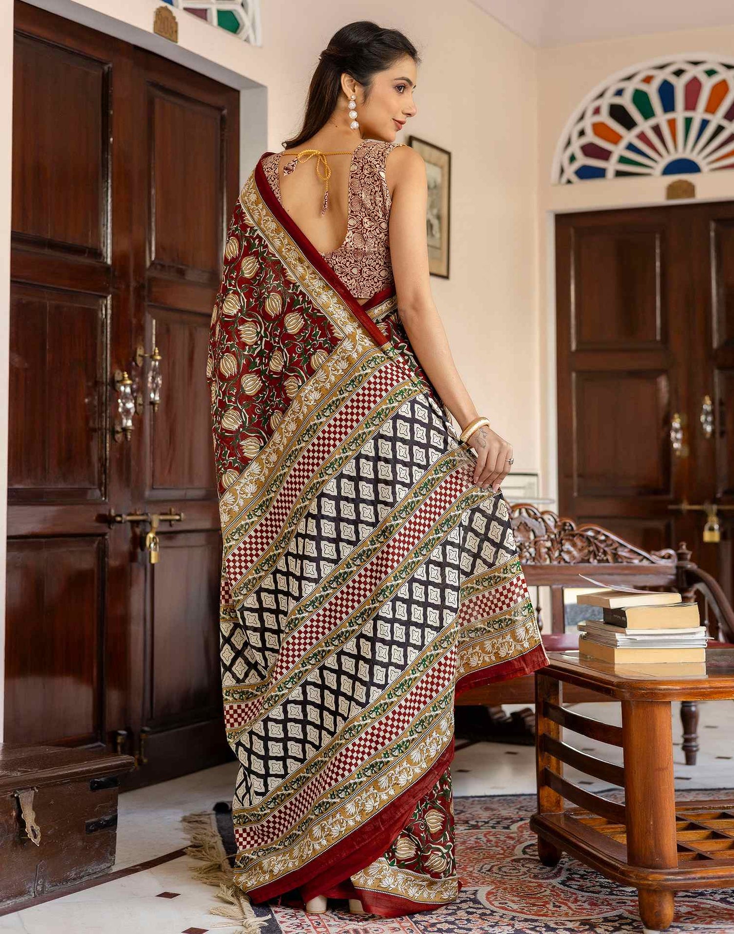 Rust Cotton Printed Saree