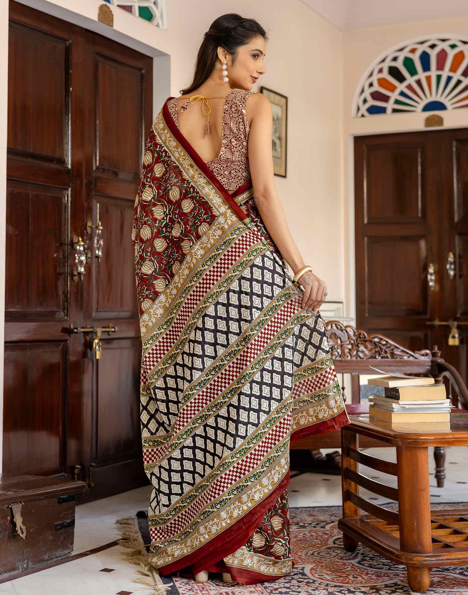 Rust Cotton Printed Saree