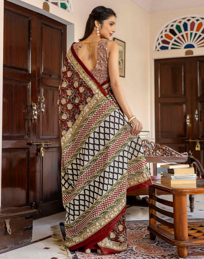 Rust Cotton Printed Saree