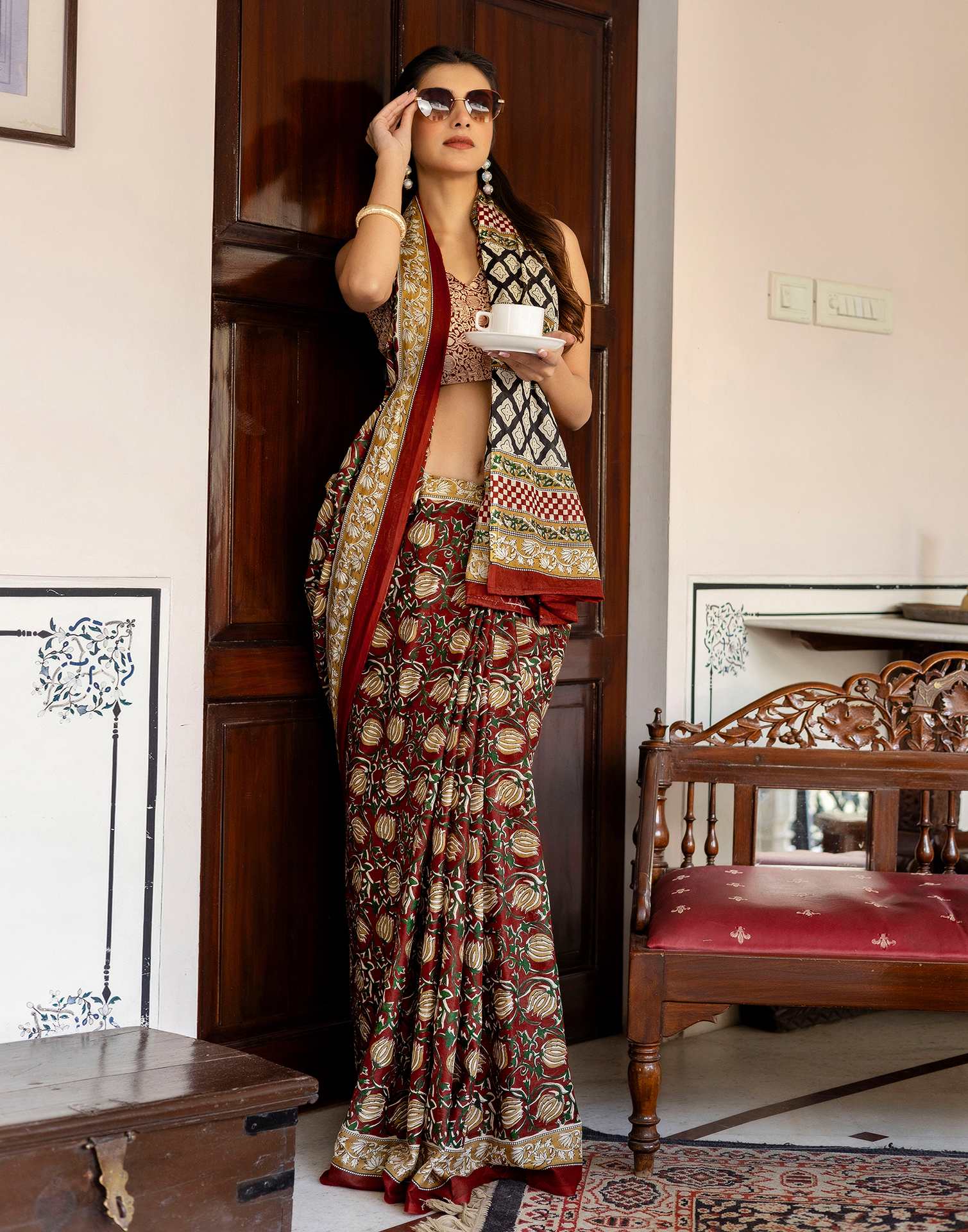 Rust Cotton Printed Saree
