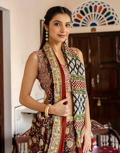Rust Cotton Printed Saree