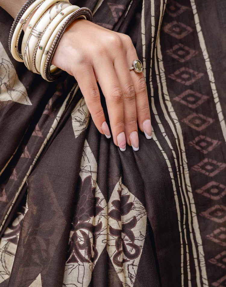 Dark Brown Cotton Printed Saree