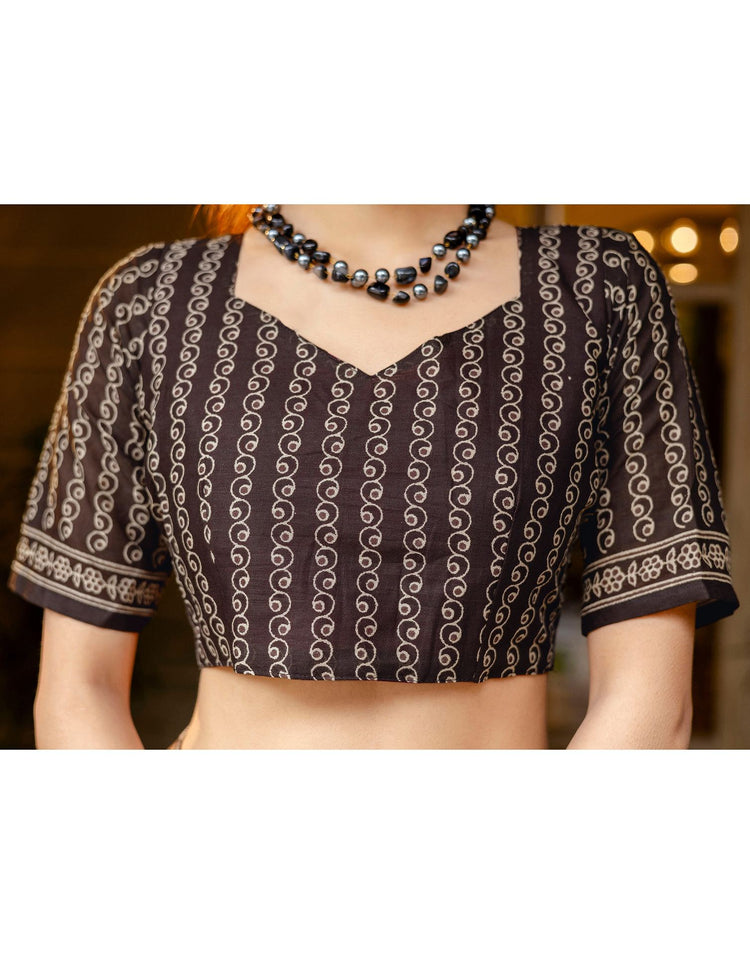 Dark Brown Cotton Printed Saree