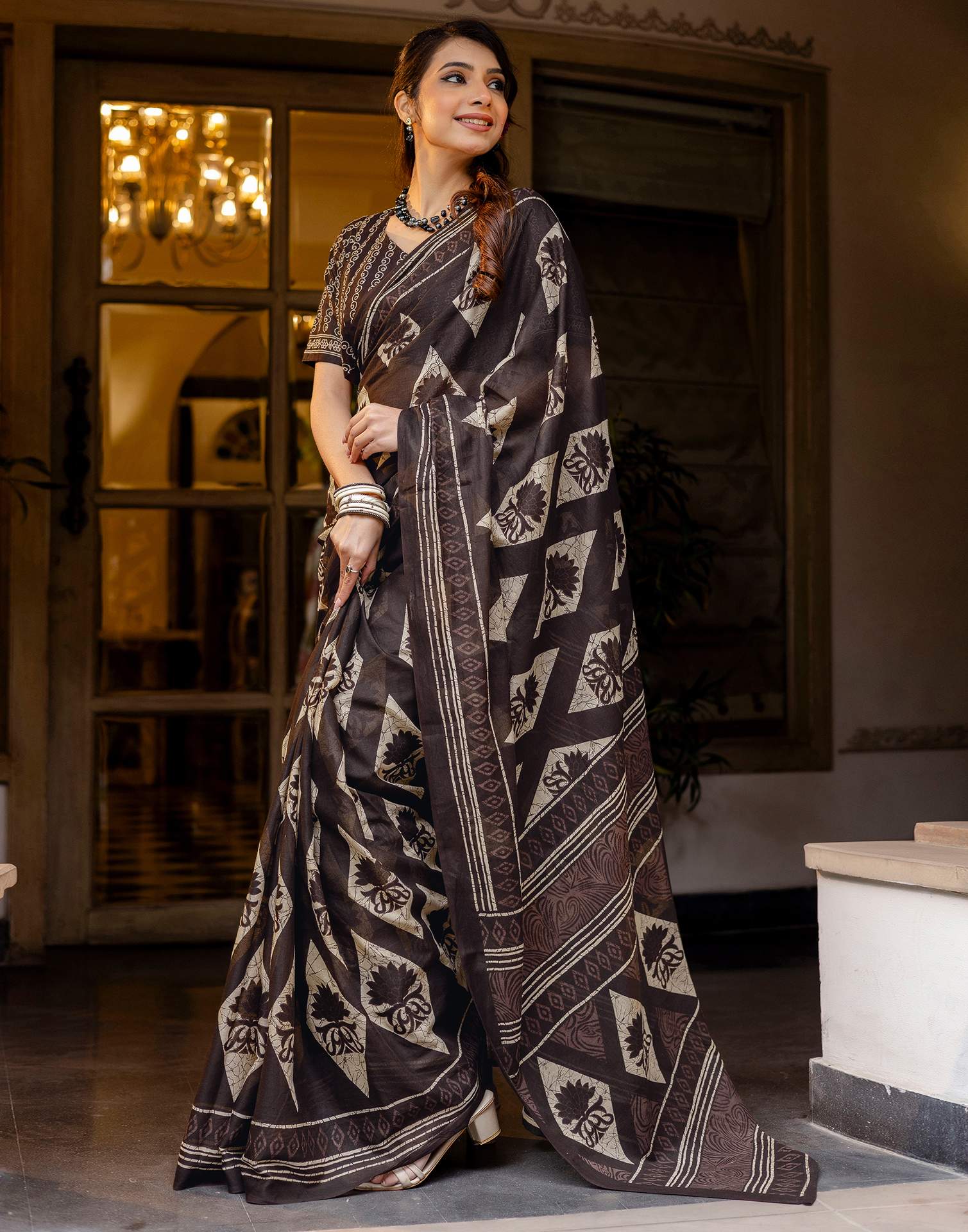 Dark Brown Cotton Printed Saree