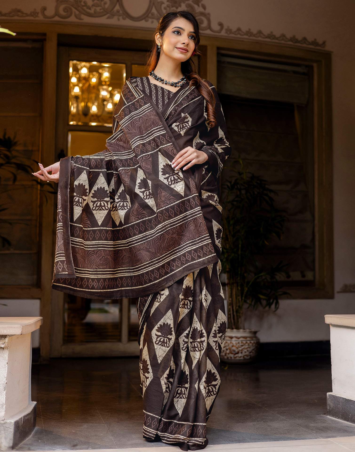 Dark Brown Cotton Printed Saree