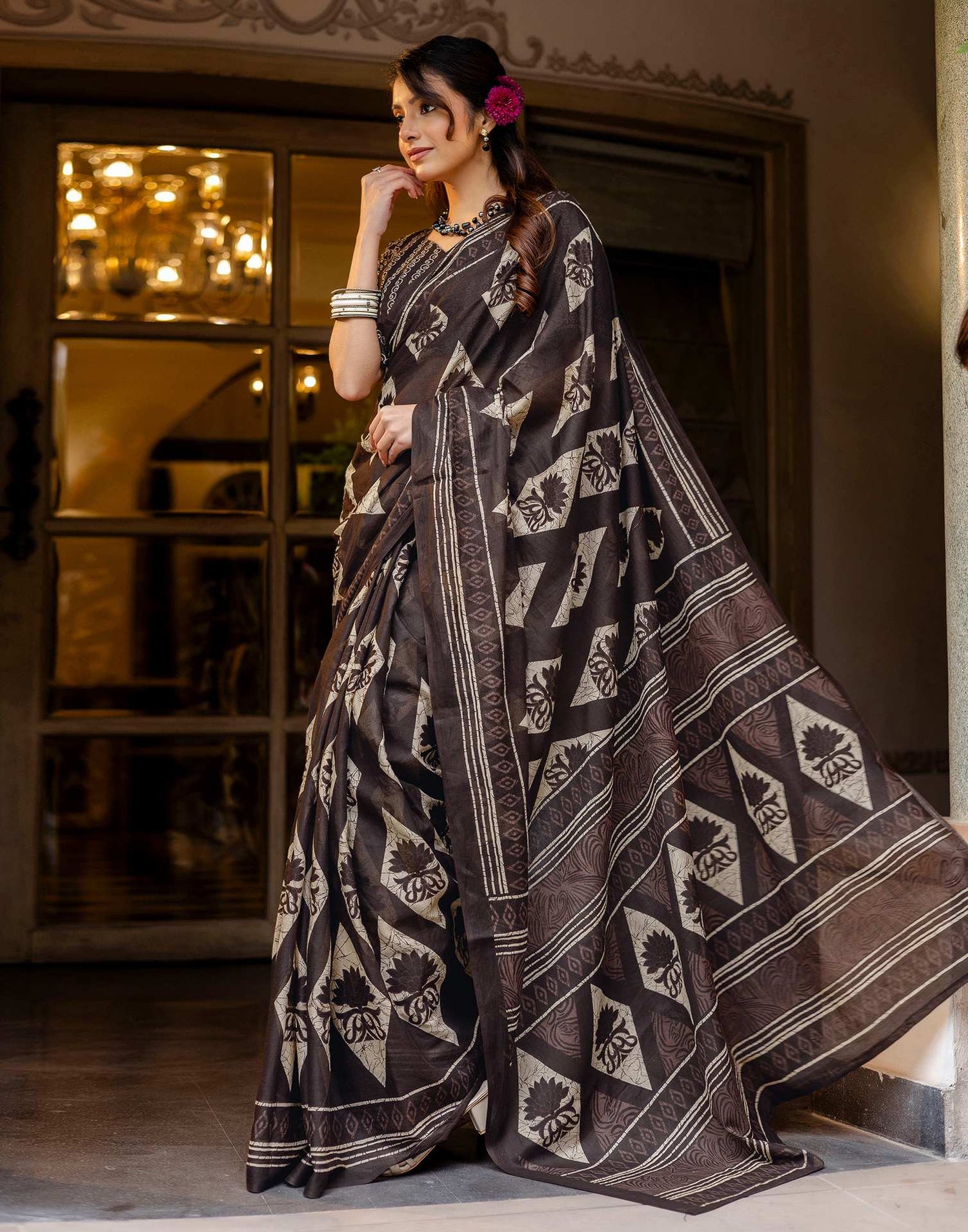 Dark Brown Cotton Printed Saree