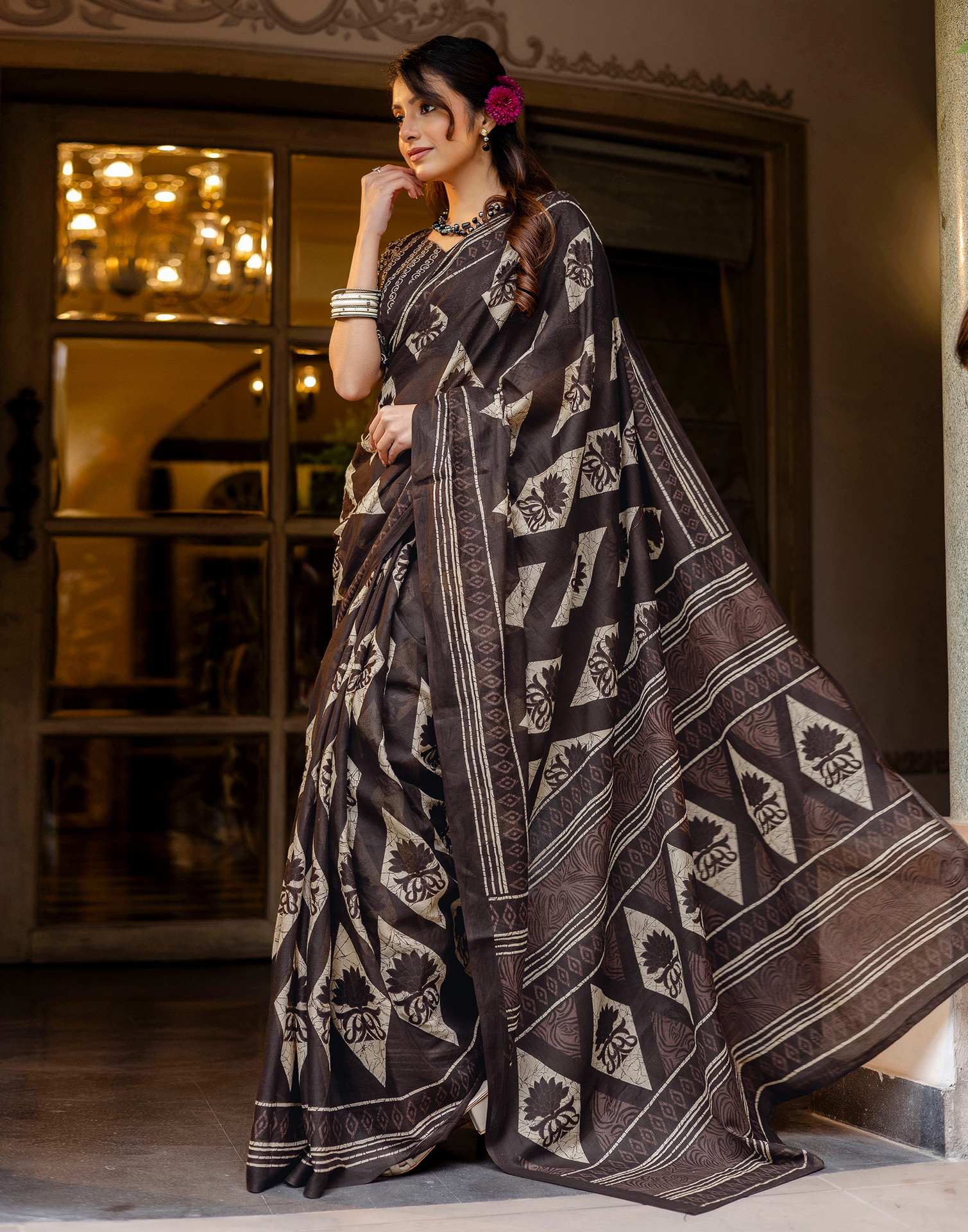 Dark Brown Cotton Printed Saree