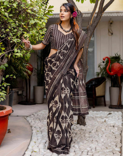 Dark Brown Cotton Printed Saree