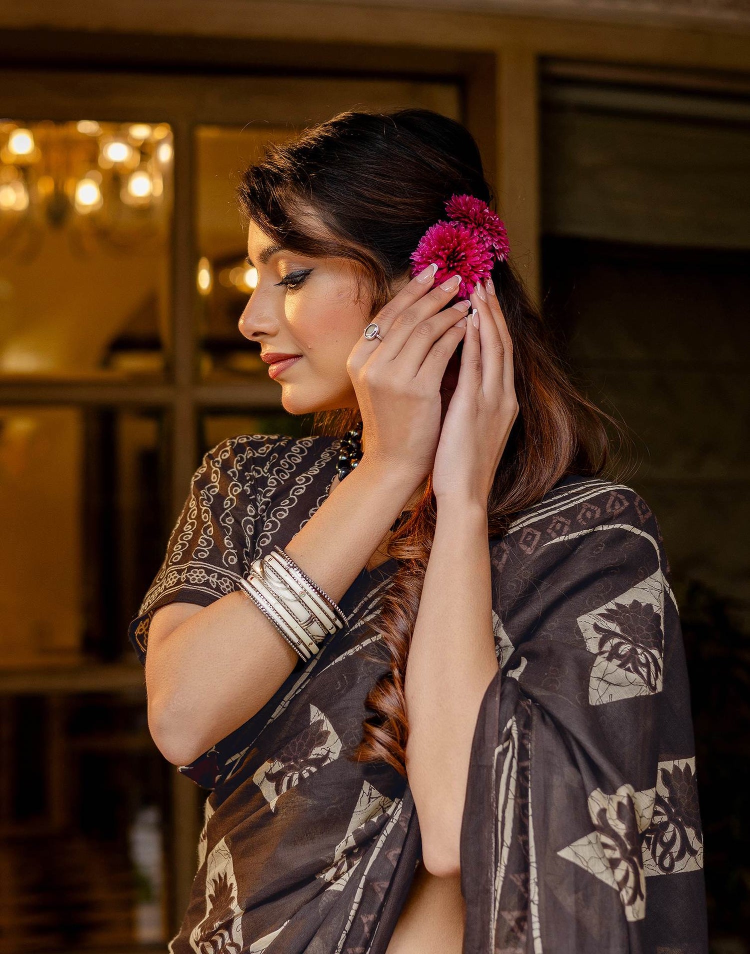 Dark Brown Cotton Printed Saree