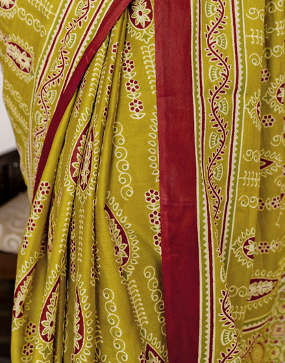 Lime Green Cotton Printed Saree