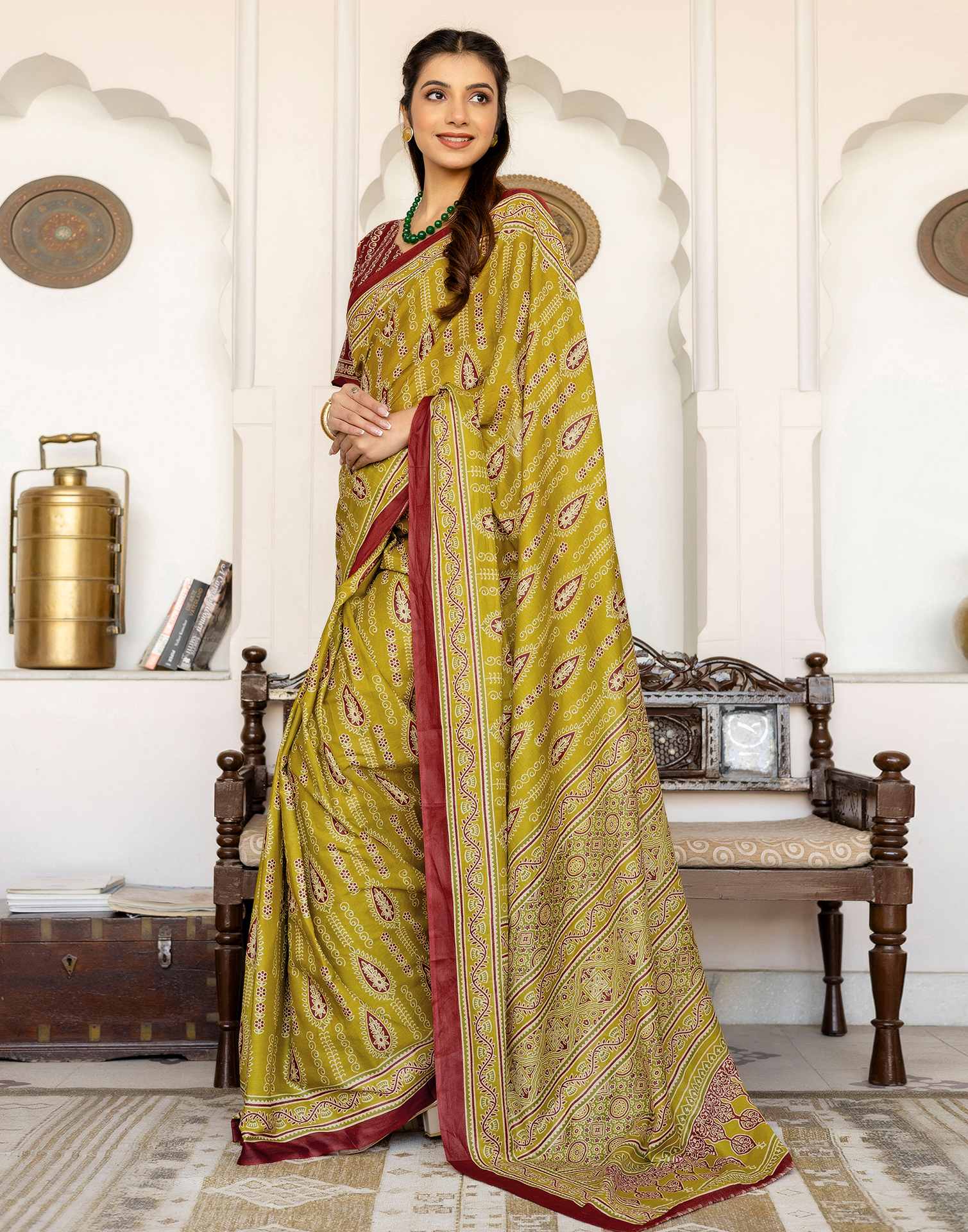 Lime Green Cotton Printed Saree