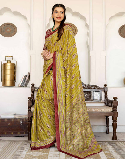 Lime Green Cotton Printed Saree