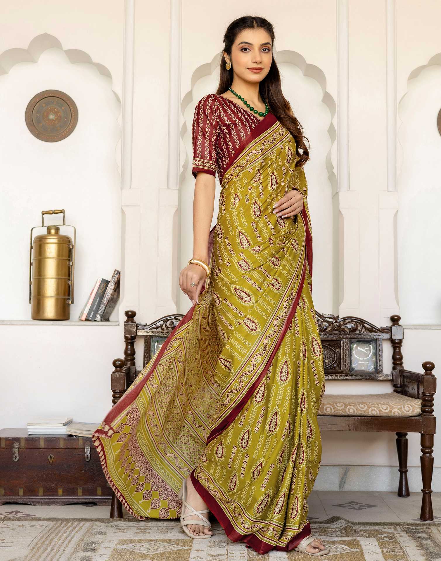 Lime Green Cotton Printed Saree