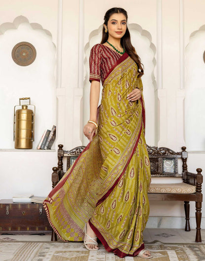 Lime Green Cotton Printed Saree