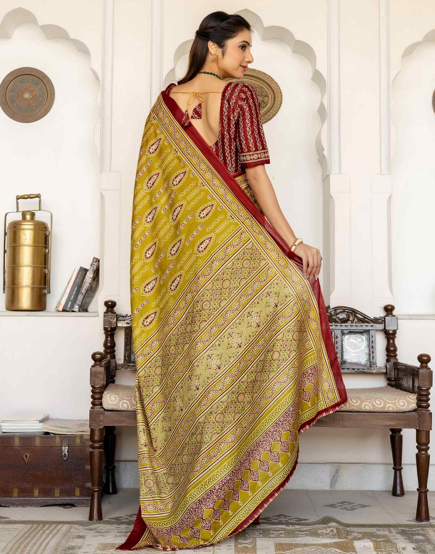 Lime Green Cotton Printed Saree