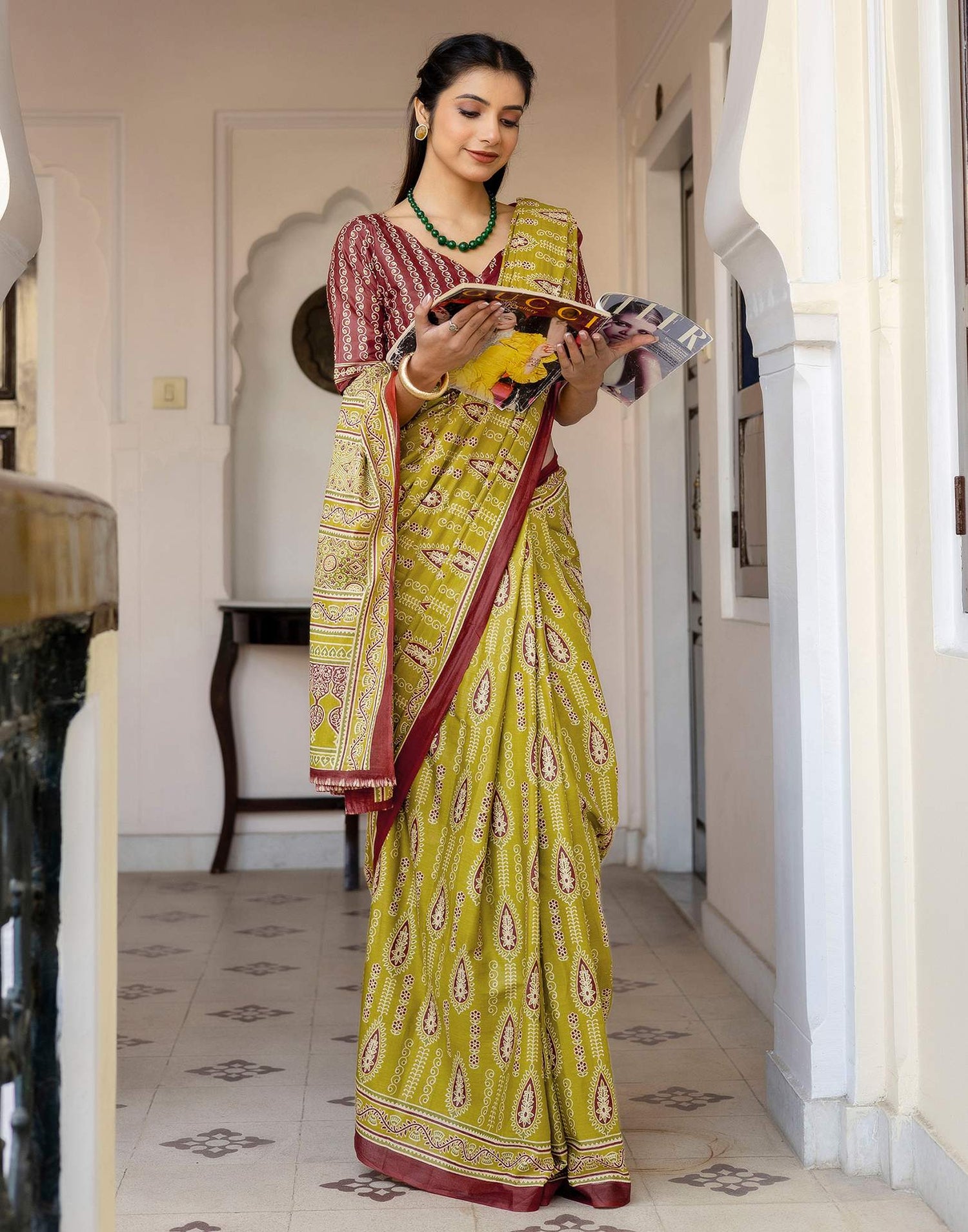 Lime Green Cotton Printed Saree