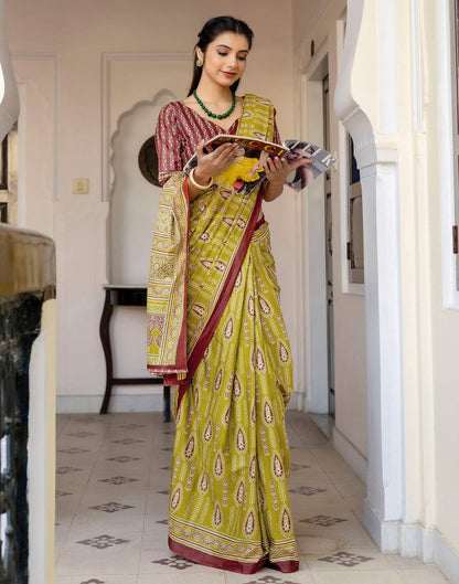 Lime Green Cotton Printed Saree