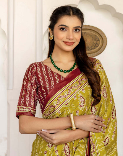 Lime Green Cotton Printed Saree