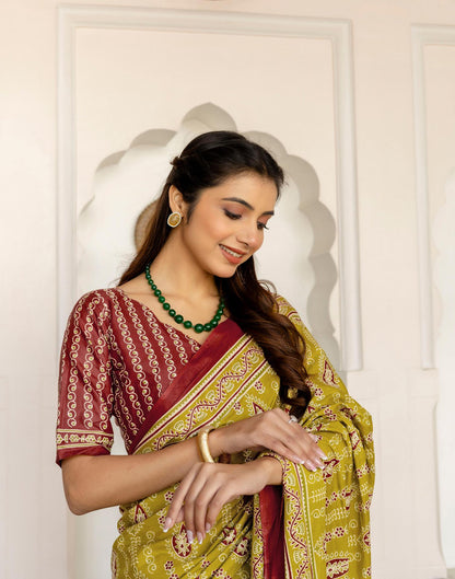 Lime Green Cotton Printed Saree