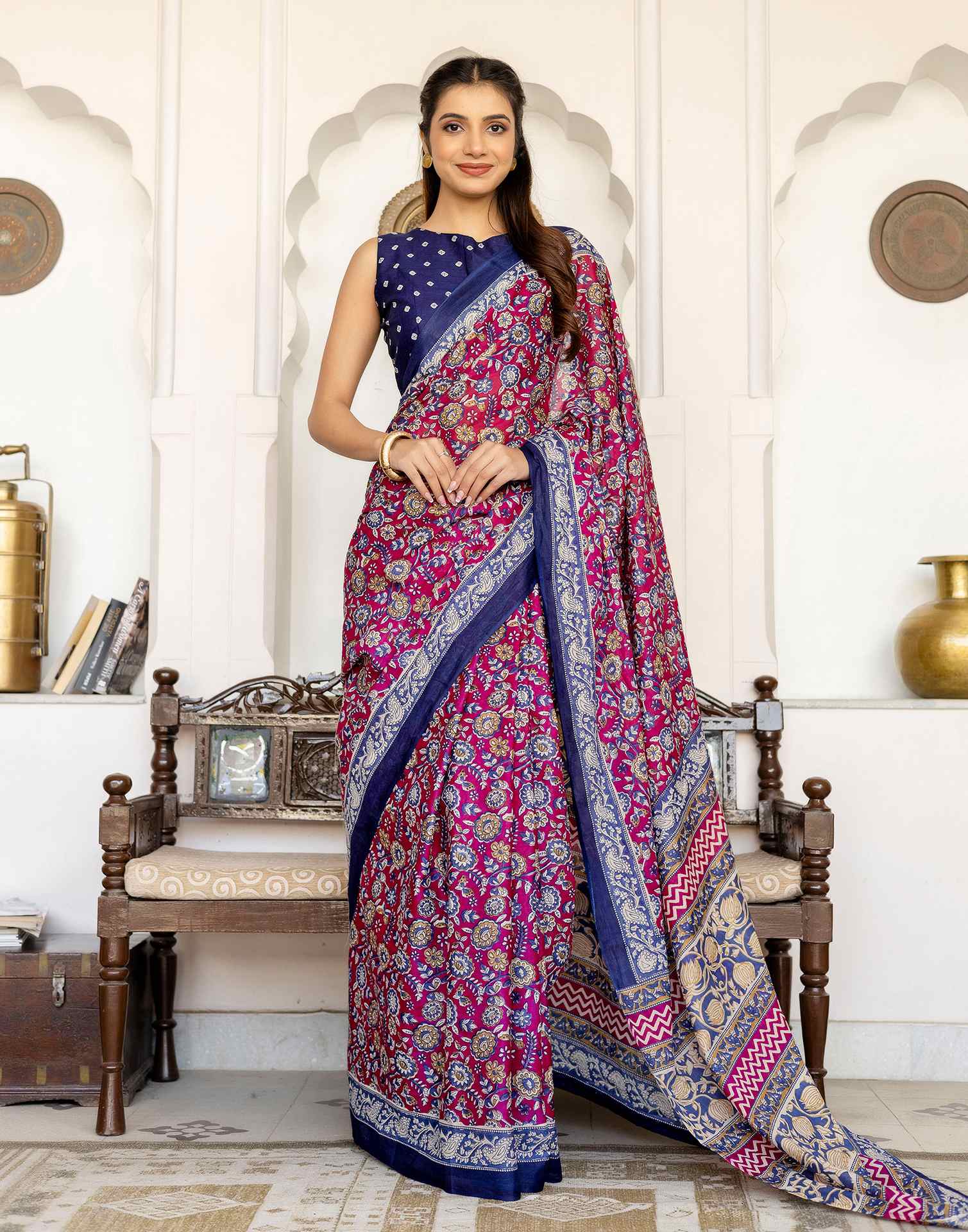 Rani Pink Cotton Printed Saree