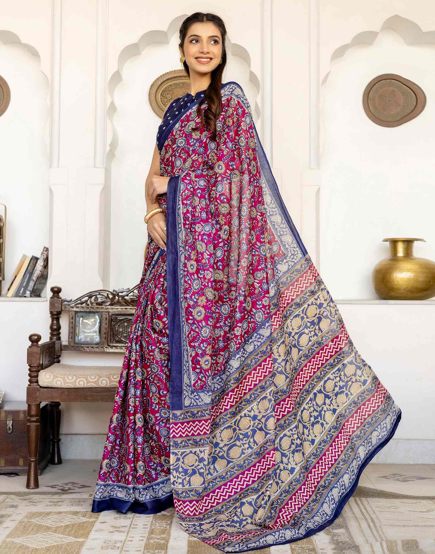 Rani Pink Cotton Printed Saree
