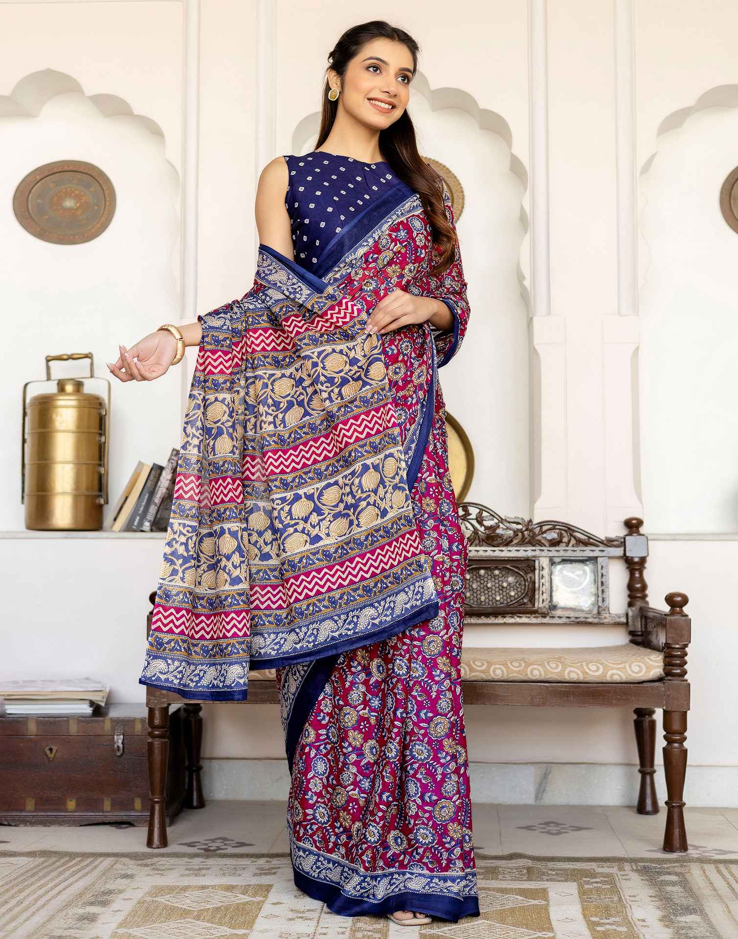 Rani Pink Cotton Printed Saree