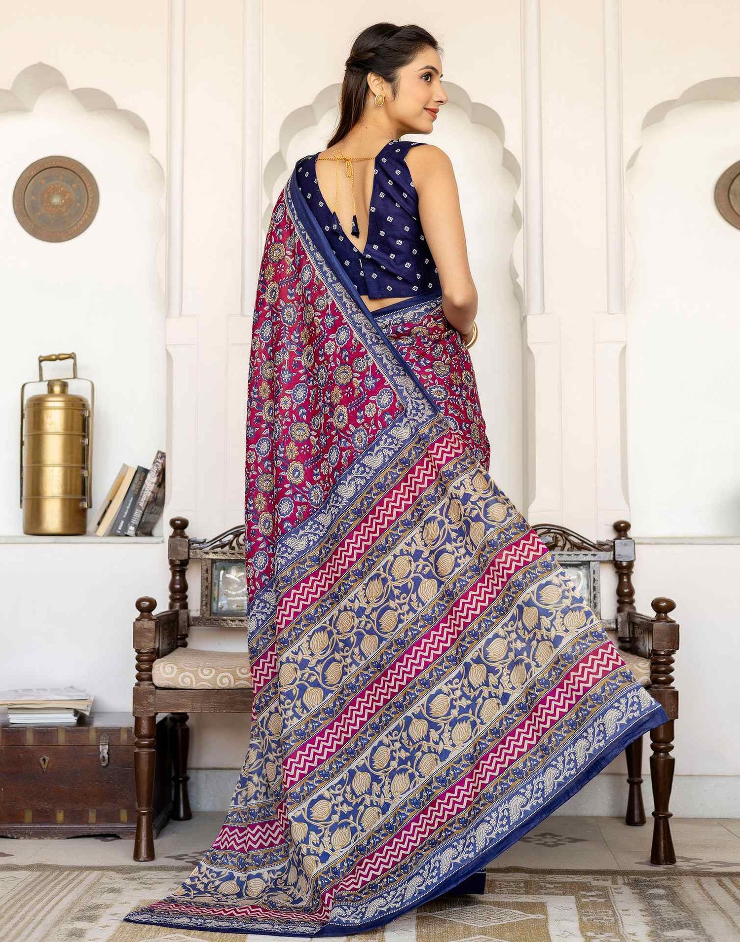 Rani Pink Cotton Printed Saree