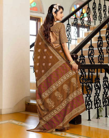Brown Cotton Printed Saree