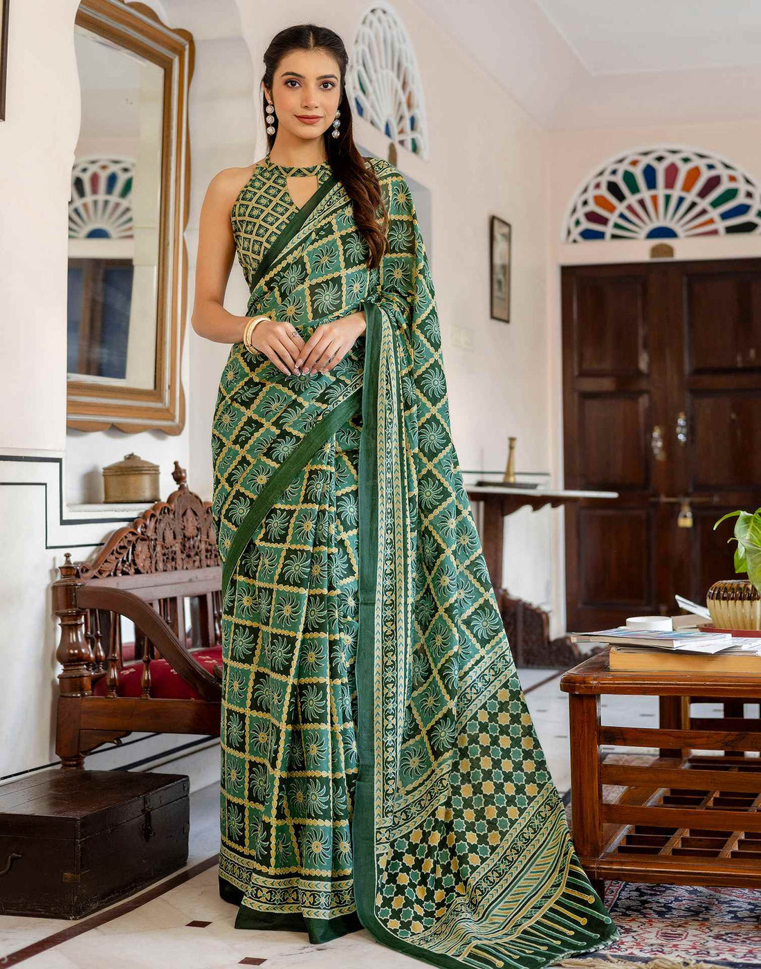 Green Cotton Printed Saree