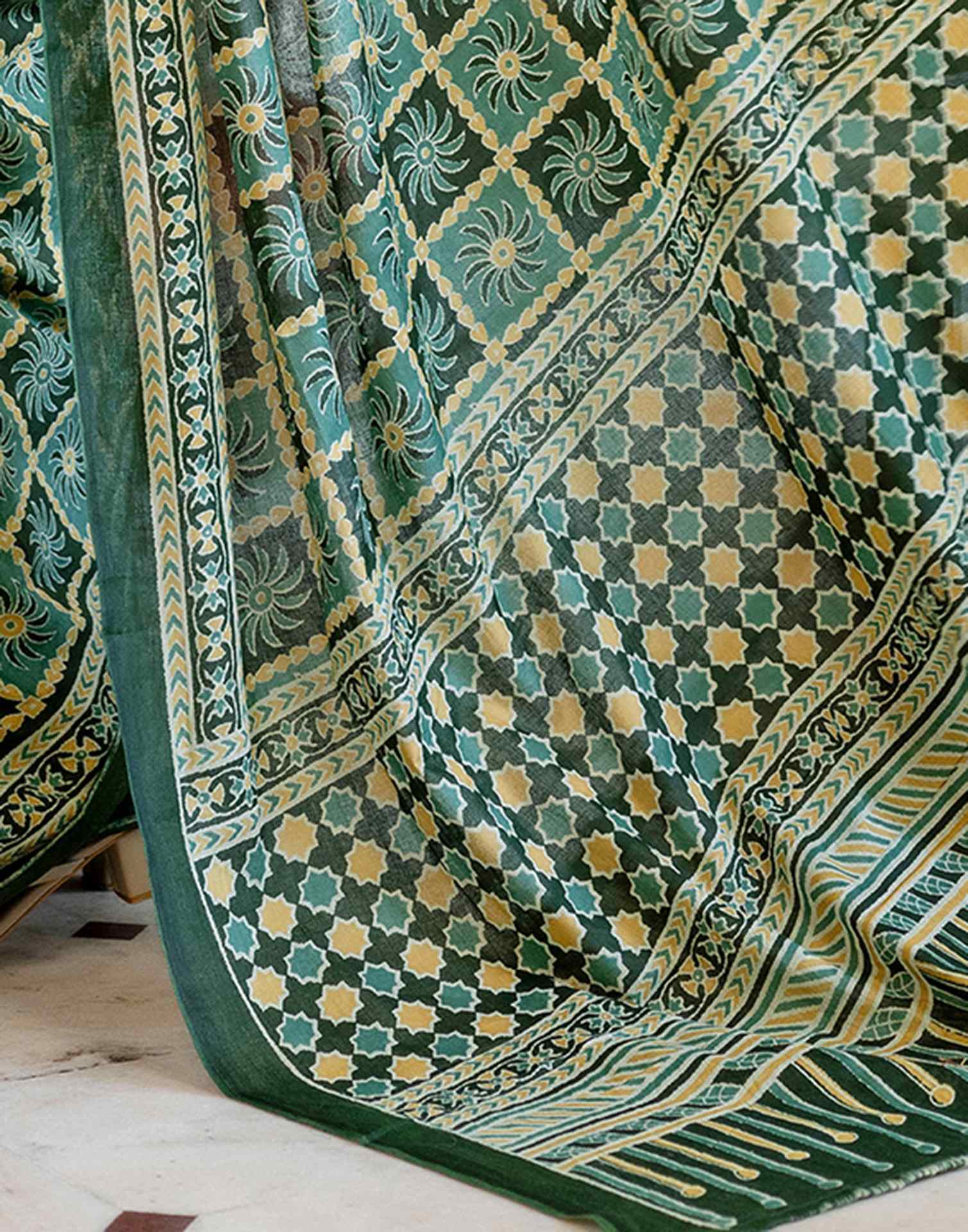 Green Cotton Printed Saree