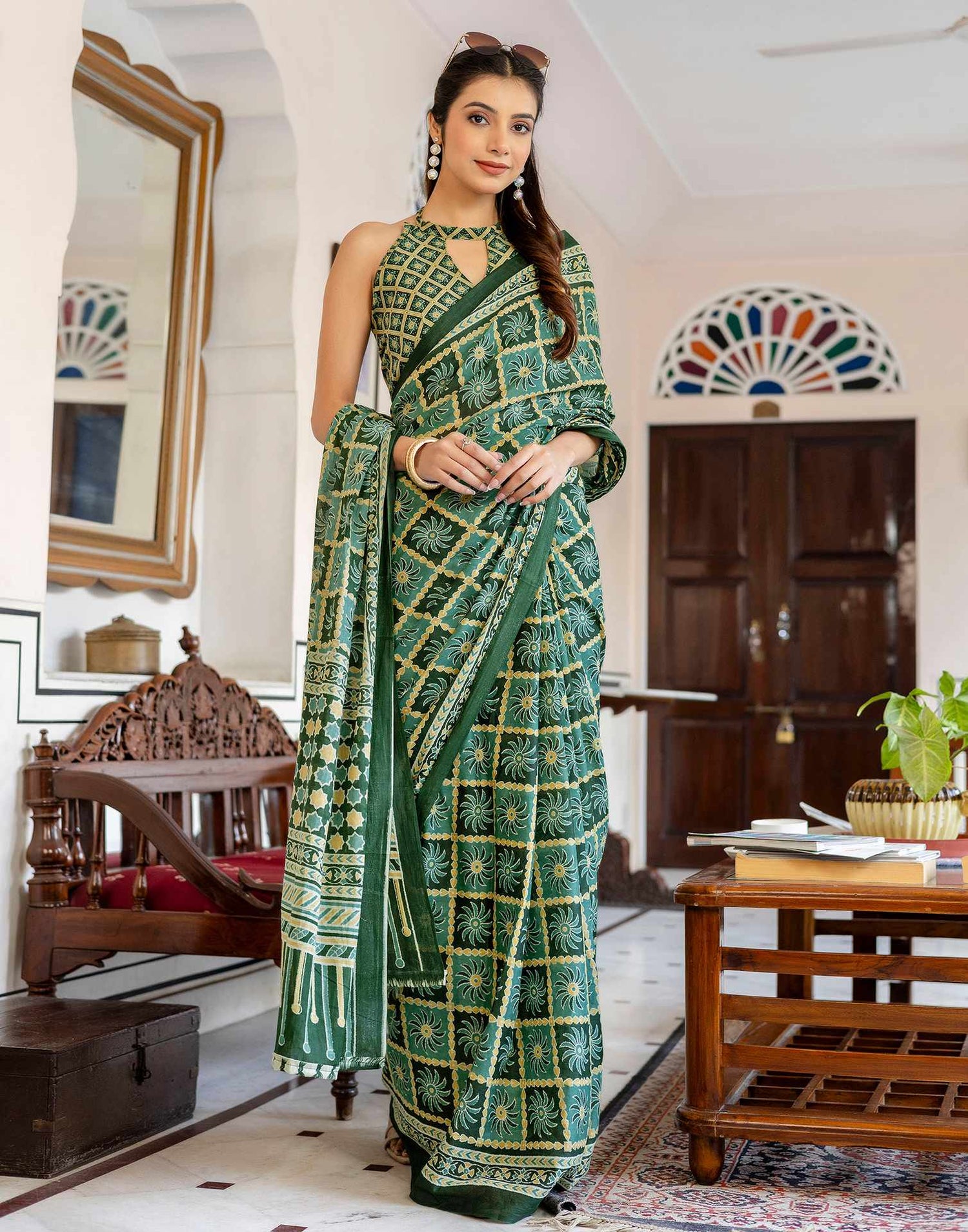 Green Cotton Printed Saree