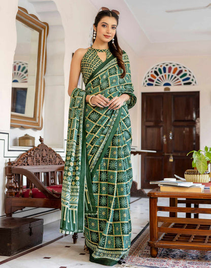 Green Cotton Printed Saree