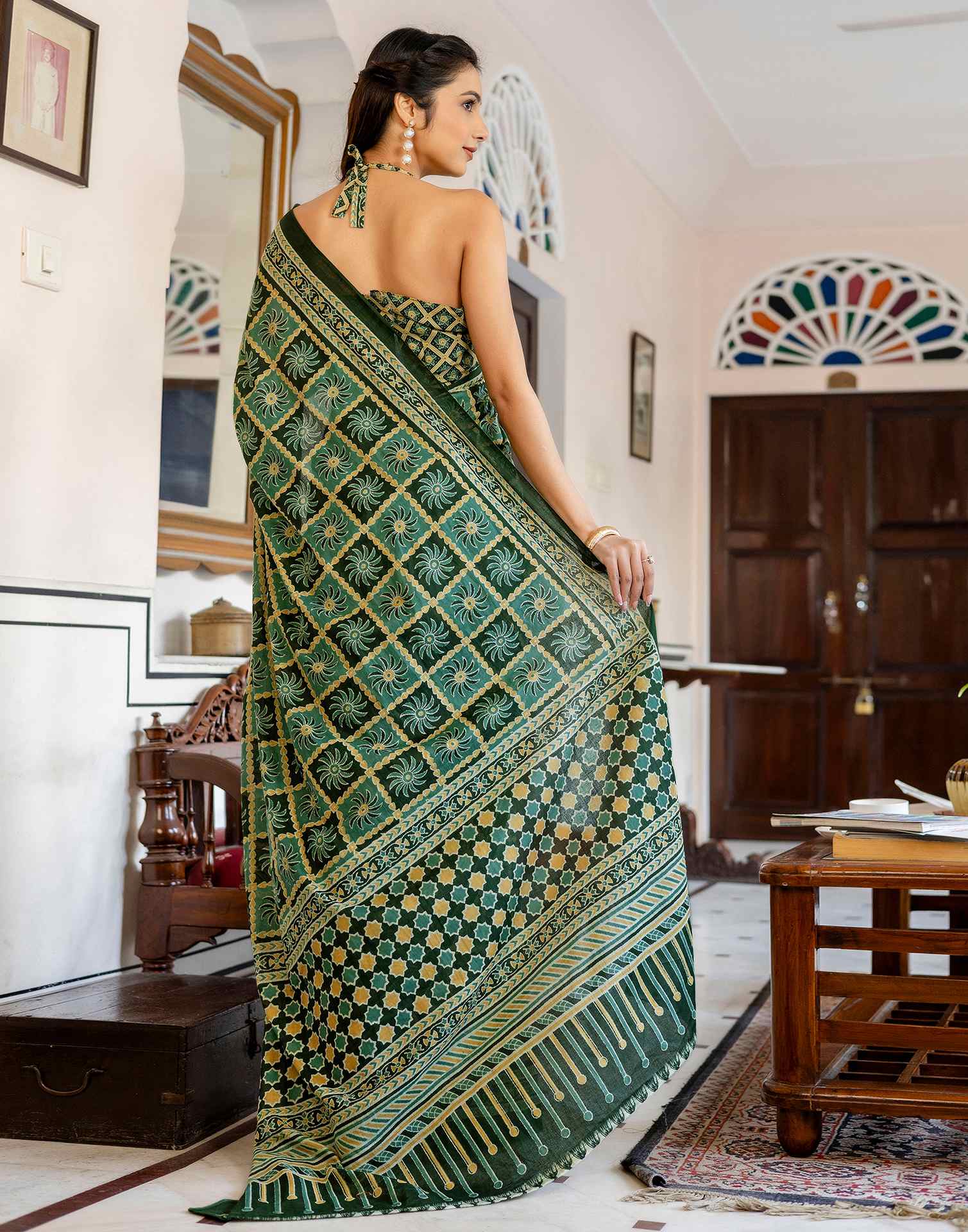 Green Cotton Printed Saree
