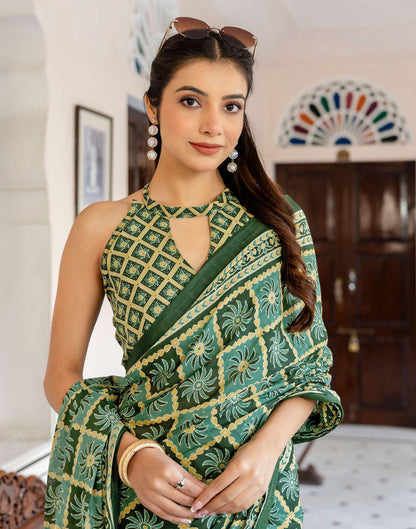 Green Cotton Printed Saree
