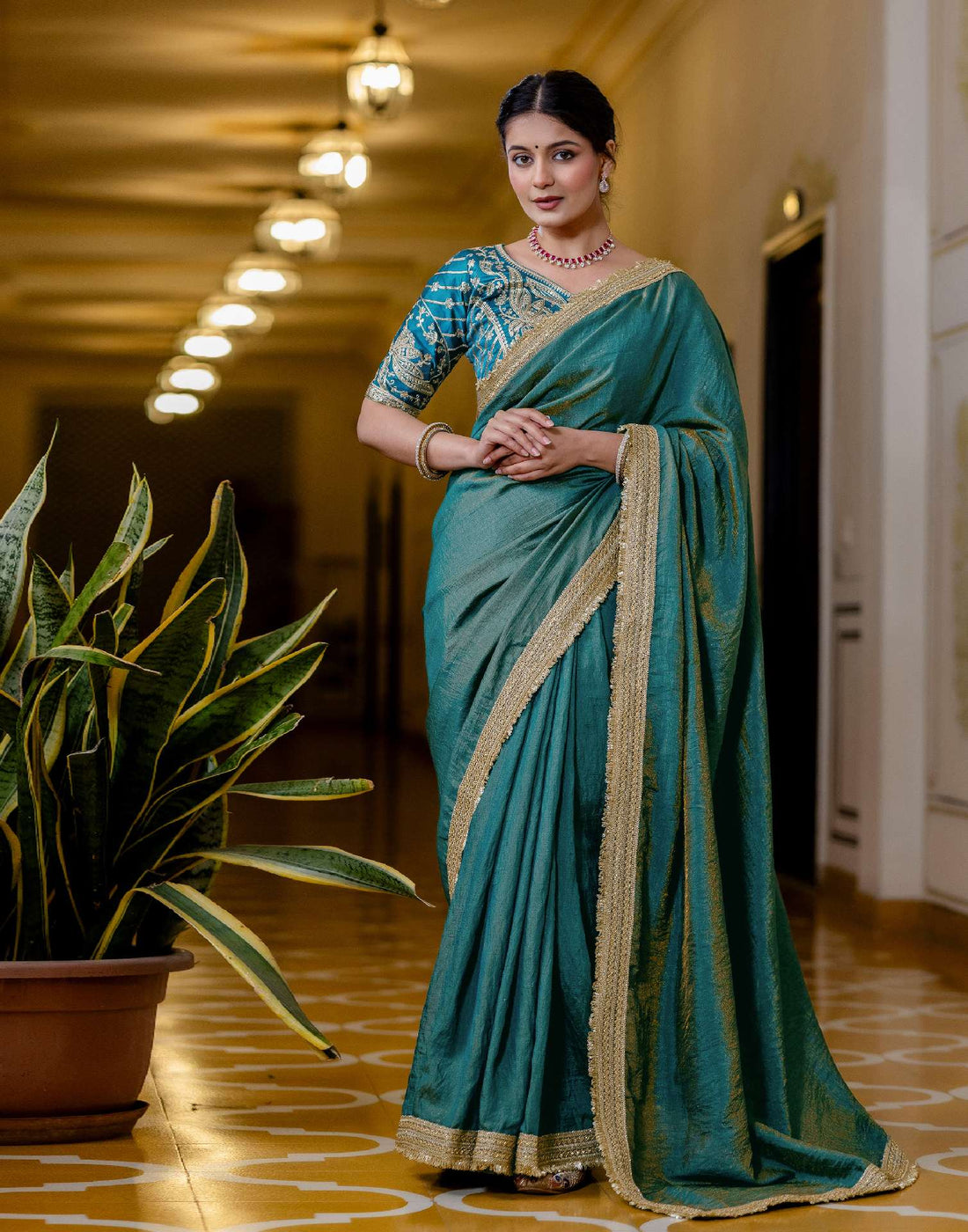 Teal Blue Shimmer Chiffon Lace Saree