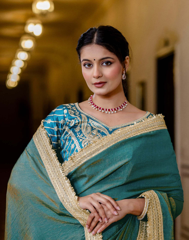 Teal Blue Shimmer Chiffon Lace Saree