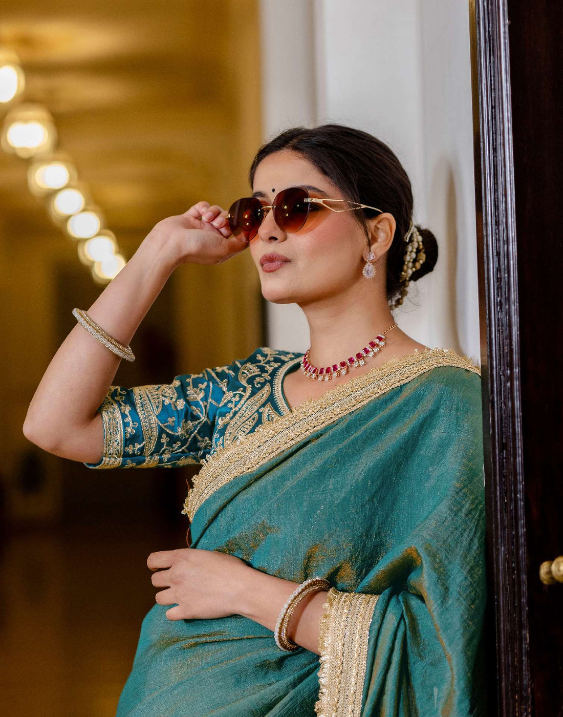 Teal Blue Shimmer Chiffon Lace Saree