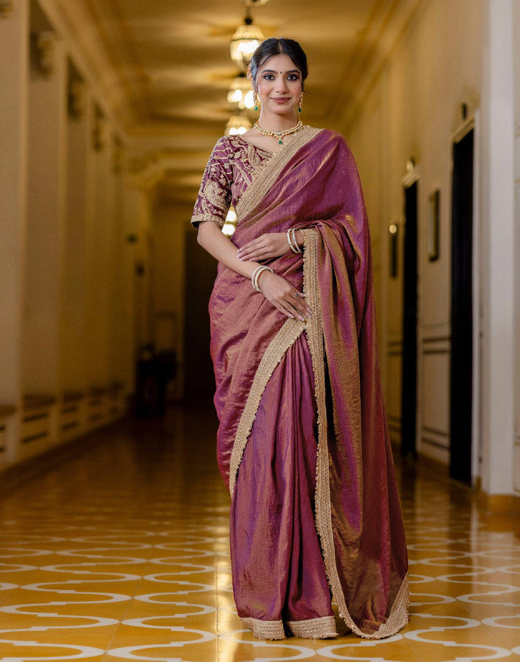 Wine Shimmer Chiffon Lace Saree