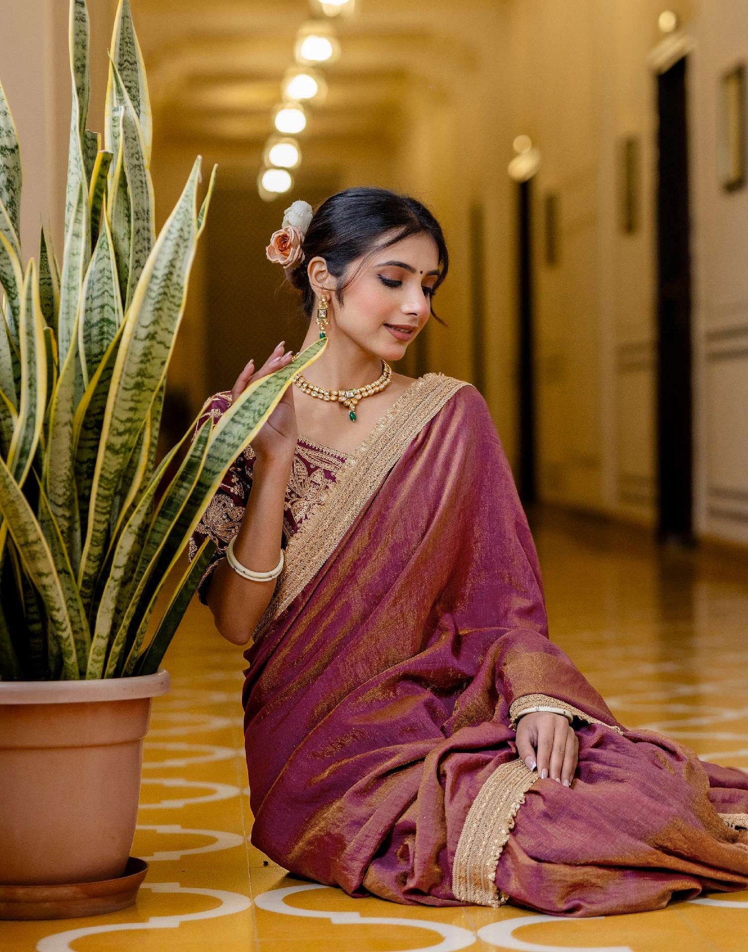 Wine Shimmer Chiffon Lace Saree