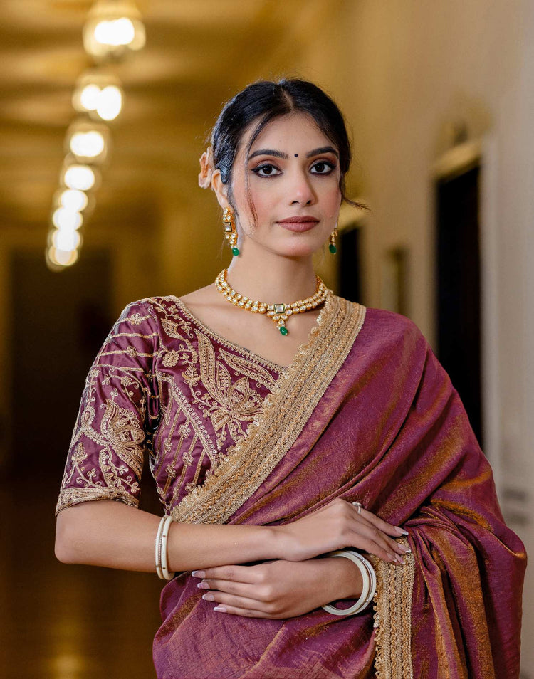 Wine Shimmer Chiffon Lace Saree