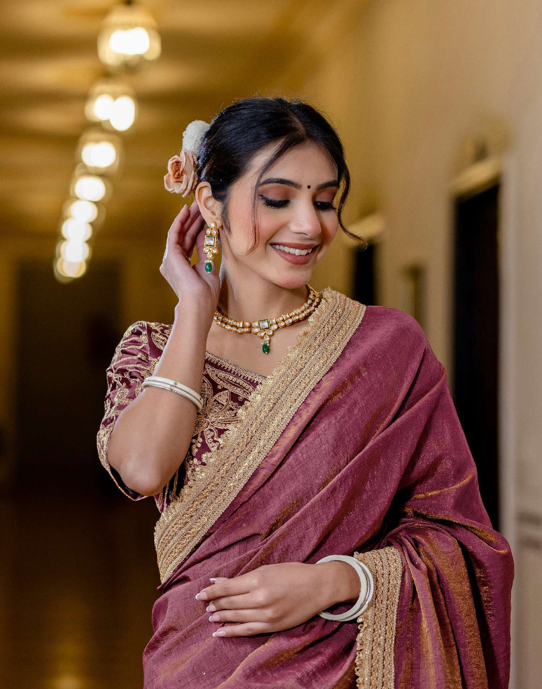 Wine Shimmer Chiffon Lace Saree