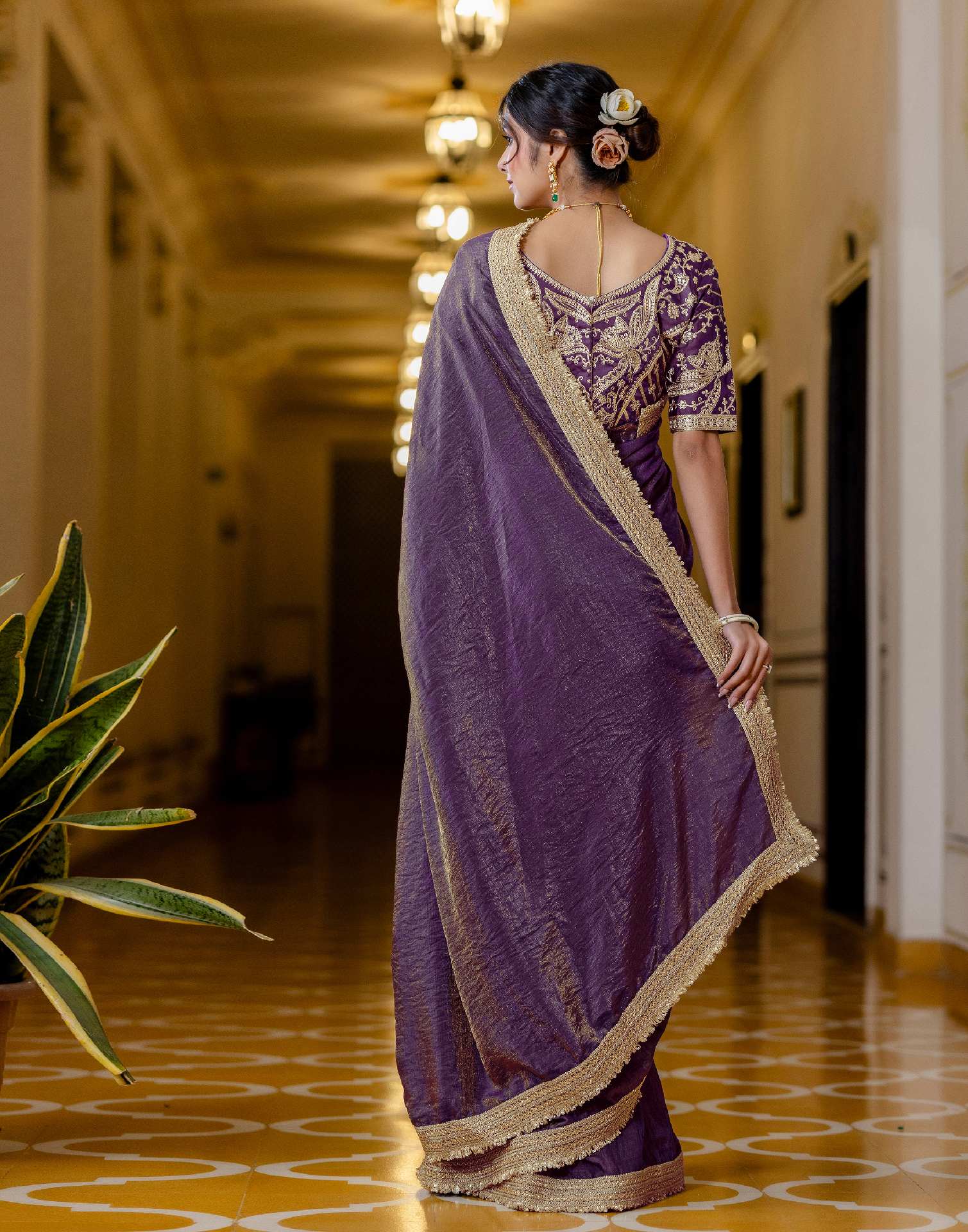Purple Shimmer Chiffon Lace Saree