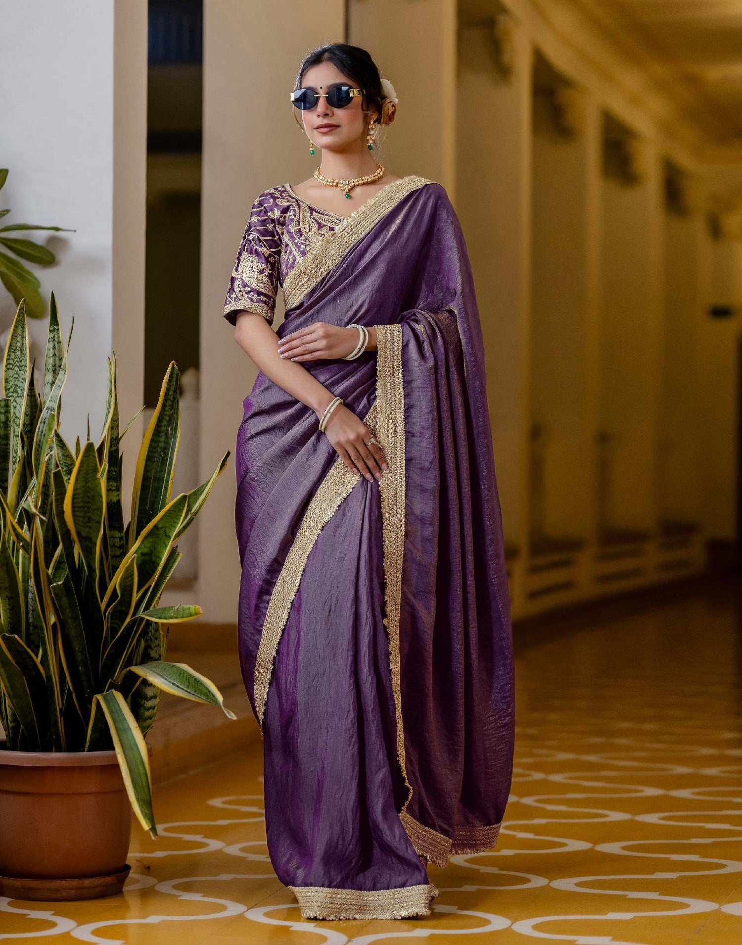 Purple Shimmer Chiffon Lace Saree