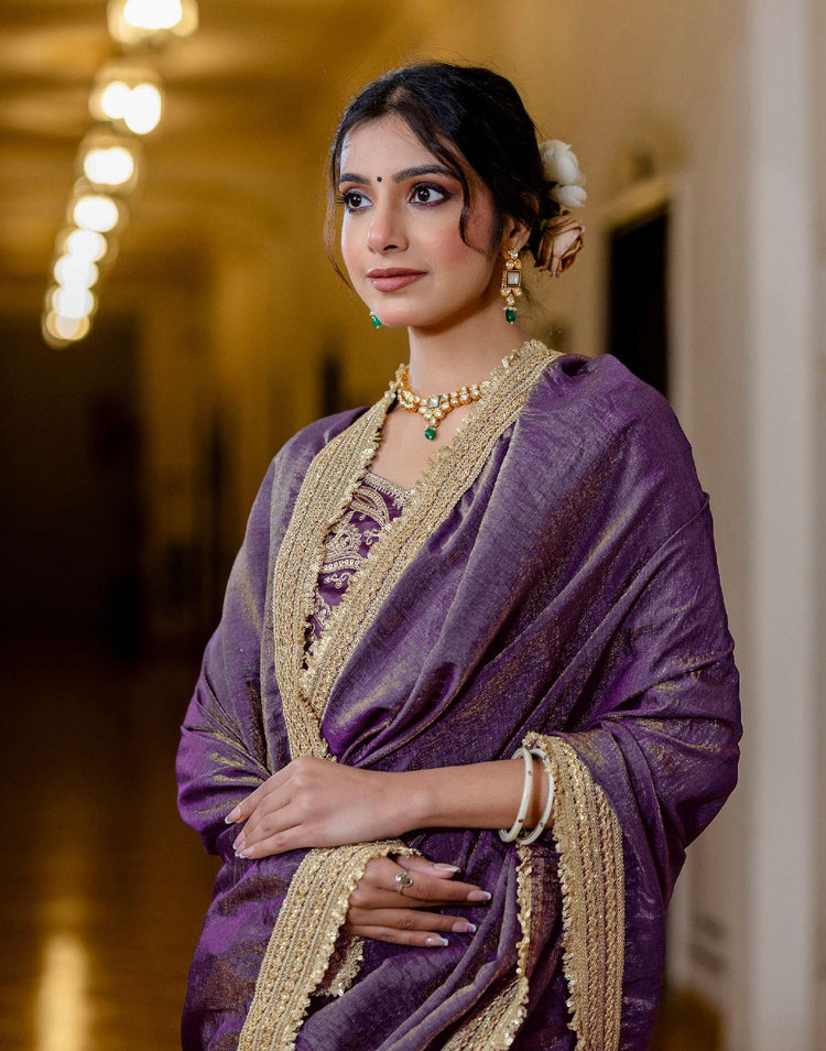 Purple Shimmer Chiffon Lace Saree